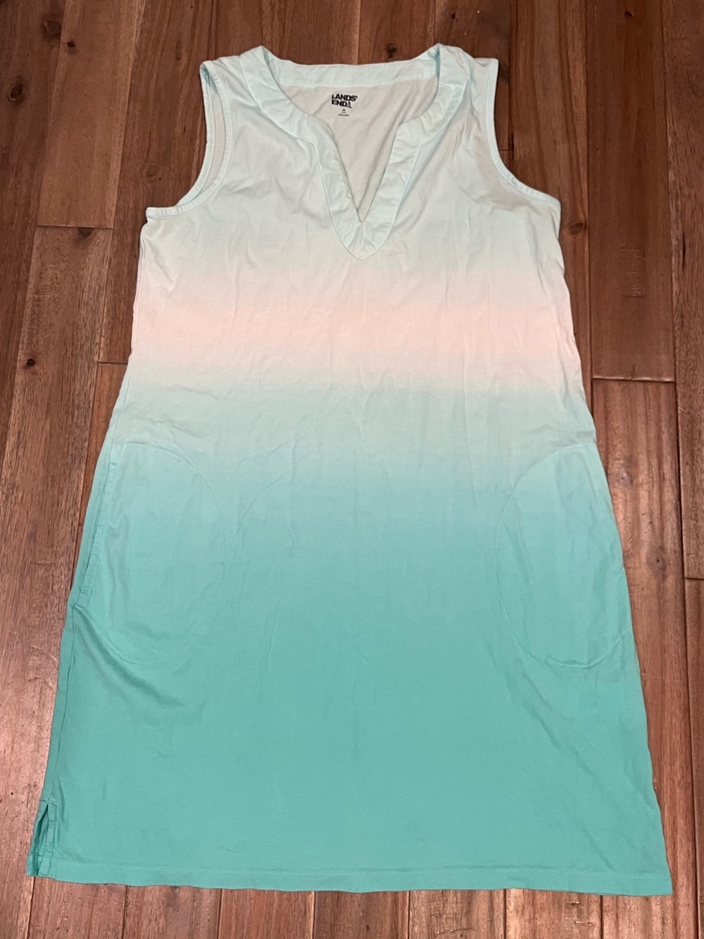 Lands ‘ End Sleeveless Mint Green White Ombré V-Neck Cotton Dress Coverup Medium